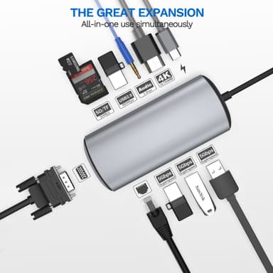 USB C Hub USB 3.0/2.0, HDMI, RJ45, SD/TF-kortlæser, 100W PD, VGA, 3,5 mm