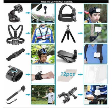 GoPro Action Camera Accessories 12-i-1 Bundle Kit, GoPro 8/9, Xiaomi Yi 4K Sort