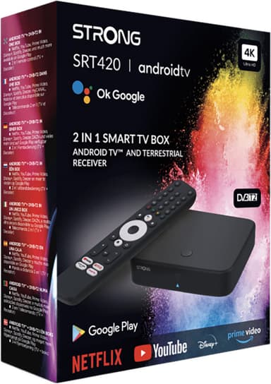 Strong Hybrid DVB-T2 og Android TV Box 4K UHD  streamingenhed (sort)