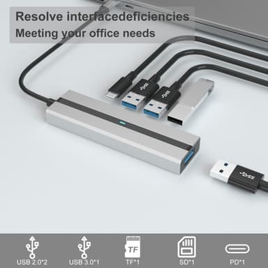 5-i-1 USB C Hub med SD/TF-kortlæser USB 3.0/2.0-porte