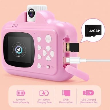 Børnekamera med WIFI og direkte print, 32GB hukommelseskort, 1080P video, Pink
