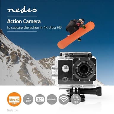 Nedis Action Cam | Enkelt Skærm | 4K@30fps | 16 MPixel | Vandtæt op til: 30.0 m | 90 min | Wi-Fi | App tilgængelig til: Android™ / IOS | Montering inkluderet | Sort