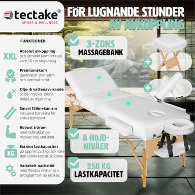 Massagebriks med 3 zoner 10cm polstring + ruller + træstel - hvid