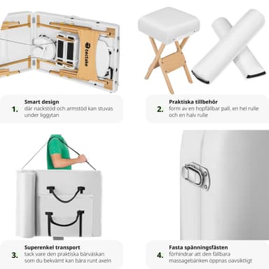 Massagebriks med 3 zoner 10cm polstring + ruller + træstel - hvid