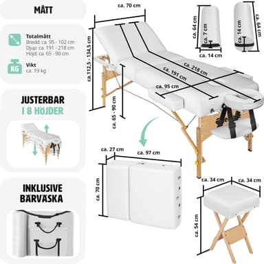 Massagebriks med 3 zoner 10cm polstring + ruller + træstel - hvid