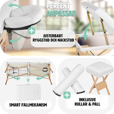 Massagebriks med 3 zoner 10cm polstring + ruller + træstel - hvid