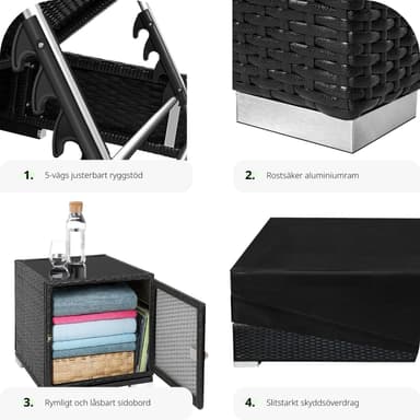 Sæt med liggestole + bord i polyrattan/aluminium - sort