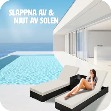 Sæt med liggestole + bord i polyrattan/aluminium - sort