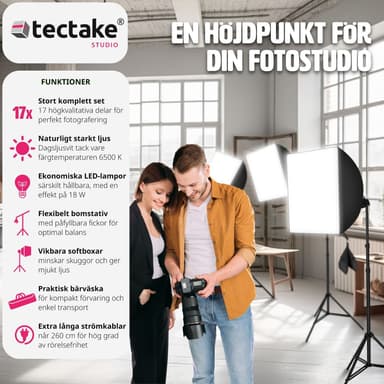 3 Studielamper inklusiv pærer, softbox og transporttaske - sort