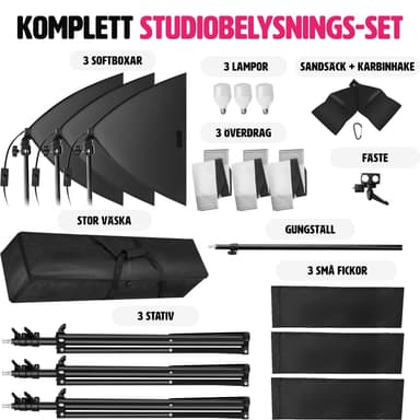 3 Studielamper inklusiv pærer, softbox og transporttaske - sort