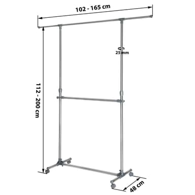 Garderobestativ udtrækkelig stang 165x48x200 cm - grå