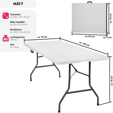 Campingbord foldbar hvid 183x76x74cm - hvid