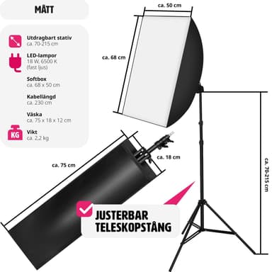 Studielys med softbox, stativ og transporttaske model 1 - sort