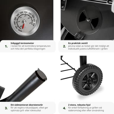 Grill med termometer og hjul - sort