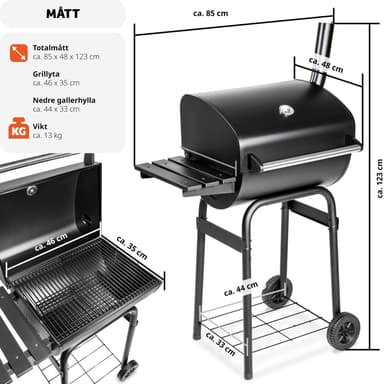 Grill med termometer og hjul - sort