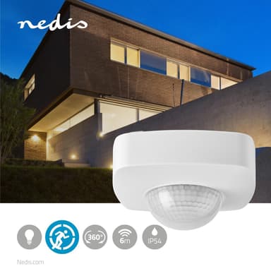 Nedis bevægelsesdetektor | Indendørs og Udendørs | 3-Wire | Type F (CEE 7/7) | 360 ° | 5 - 300 W | 300 W | 1200 W | 3 - 2000 Lux | Sensor-teknologi: PIR | Sensor rækkevidde: 2.0 - 8.0 m