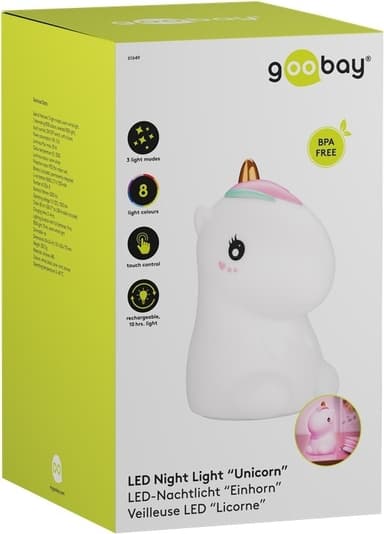 Goobay LED-vågelampe ""Enhjørning"" varmt hvidt lys og 7 skiftende farver (RGB-lys), med 3 lystilstande, berøringssensor og Li-ion-batteri (3,7 V/1200 mAh), fremstillet af blød silikone