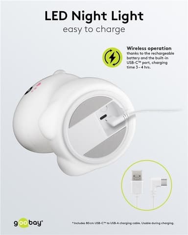 Goobay LED-vågelampe ""Enhjørning"" varmt hvidt lys og 7 skiftende farver (RGB-lys), med 3 lystilstande, berøringssensor og Li-ion-batteri (3,7 V/1200 mAh), fremstillet af blød silikone