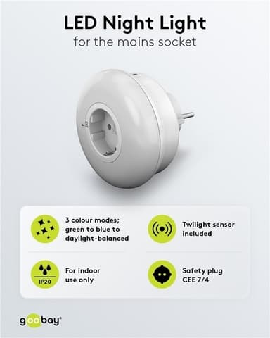 Goobay LED-natlampe til stikkontakt med farveændringsfunktion (grøn, blå, dagslys hvid), skumringsensor og stikkontakt med jordforbindelse (type F)