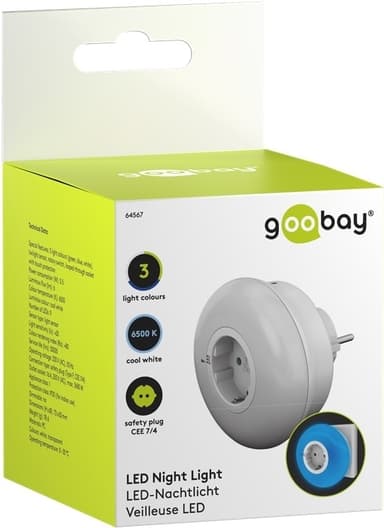 Goobay LED-natlampe til stikkontakt med farveændringsfunktion (grøn, blå, dagslys hvid), skumringsensor og stikkontakt med jordforbindelse (type F)