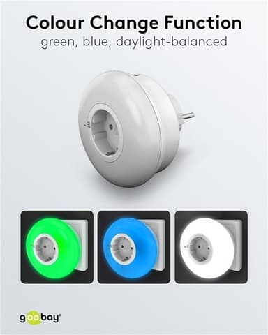 Goobay LED-natlampe til stikkontakt med farveændringsfunktion (grøn, blå, dagslys hvid), skumringsensor og stikkontakt med jordforbindelse (type F)