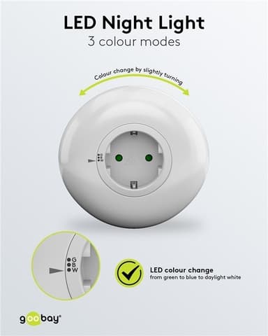 Goobay LED-natlampe til stikkontakt med farveændringsfunktion (grøn, blå, dagslys hvid), skumringsensor og stikkontakt med jordforbindelse (type F)