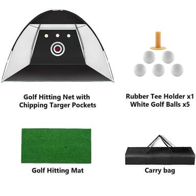 Golfspåneret med slagmåtte, træningsbolde og tee Sort