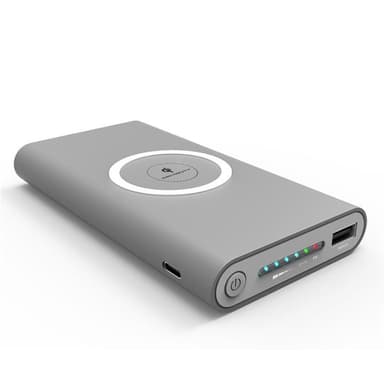 Powerbank 10000 mAh med trådlös laddning via Qi - Grå