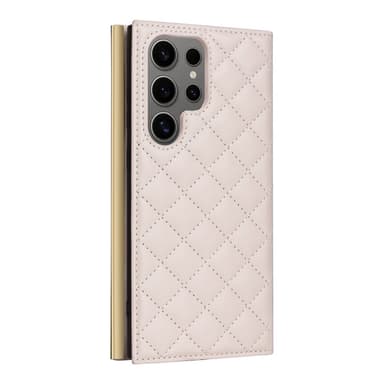 SKALO Samsung S25 Ultra Quiltet skulderrem med guldkant Flip Cover - Beige