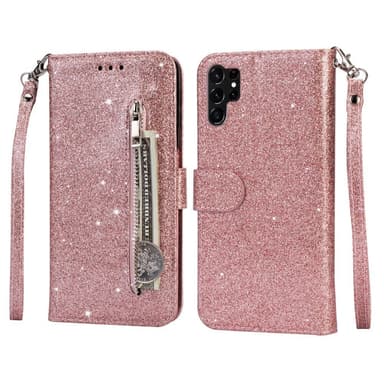 SKALO Samsung S25 Ultra Glitter Lynlås Flip Cover - Rosa guld