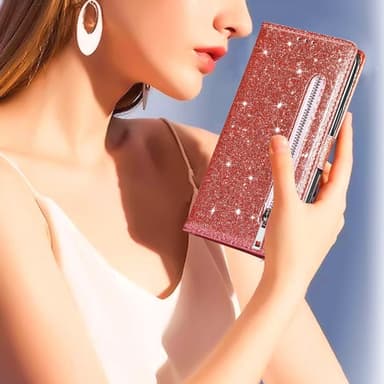 SKALO Samsung S25 Ultra Glitter Lynlås Flip Cover - Rosa guld