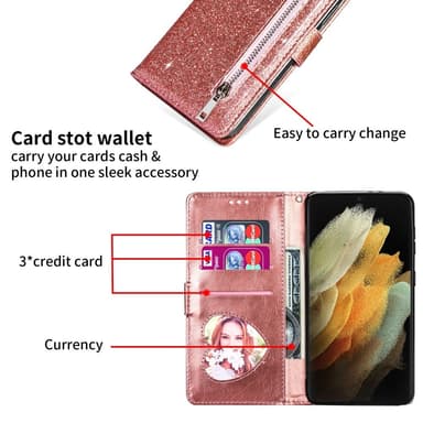 SKALO Samsung S25 Ultra Glitter Lynlås Flip Cover - Rosa guld