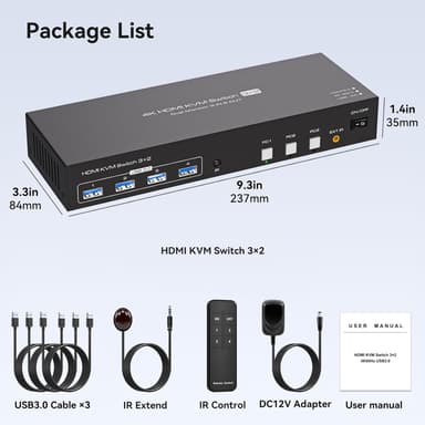 NÖRDIC HDMI KVM-switch 3 computere 2 skærme 4K60Hz EDID 4 USB 3.0 porte med fjernbetjening
