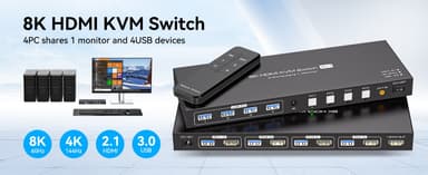 NÖRDIC HDMI KVM-switch 4 computere 1 skærm 8K 60Hz 4K 144/120Hz USB-enheder