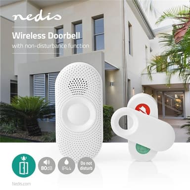 Nedis Trådløst Dørklokke Sæt | Strømforsyning | 220 - 240 V AC 50 Hz | 1x CR2032 | Volume: 80 dB | Signalområde: 300 m | IP44 | Justérbar volume | 36 Melodier | 1 Modtager | Grå / Hvid