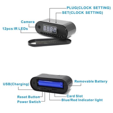 Full HD Night Vision WiFi Cam Vækkeur skjult kamera