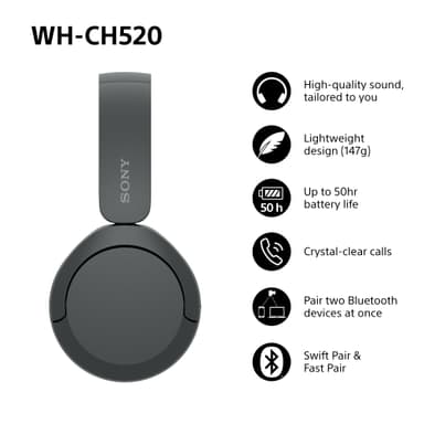 Sony WH-CH520 trådløse on-ear høretelefoner (sort)