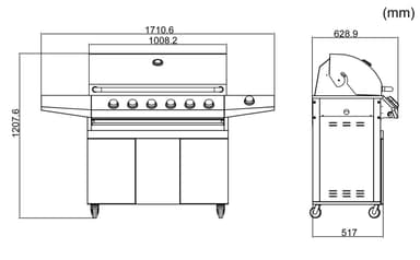 Fritstående gasgrill med 6 blus og sidebrænder