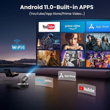 NÖRDIC Mini Portable Projector 4K 1080P Full HD-understøttelse Android 11 & Netflix – WiFi 6, BT 5.0, 180° rotation, hjemmebiografprojektor