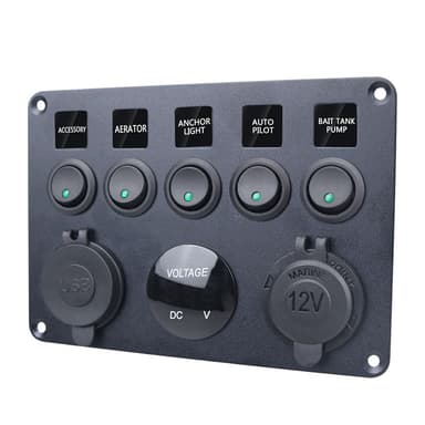 Strømafbryderpanel - 5 kontakter, voltmeter, 2 USB-strømudtag Sort + Grøn