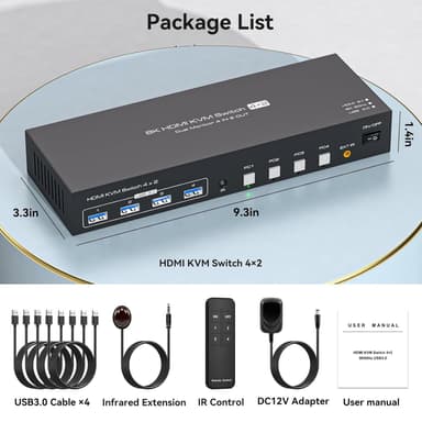 NÖRDIC KVM 4x2 HDMI Switch 4PC til Dobbelt Skærm HDMI 8K60Hz med 1x3.5mm og 4xUSB-A