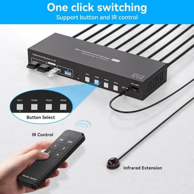 NÖRDIC KVM 4x2 HDMI Switch 4PC til Dobbelt Skærm HDMI 8K60Hz med 1x3.5mm og 4xUSB-A