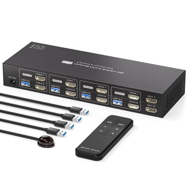 NÖRDIC KVM 4x2 HDMI Switch 4PC til Dobbelt Skærm HDMI 8K60Hz med 1x3.5mm og 4xUSB-A
