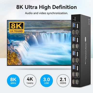 NÖRDIC KVM 4x2 HDMI Switch 4PC til Dobbelt Skærm HDMI 8K60Hz med 1x3.5mm og 4xUSB-A