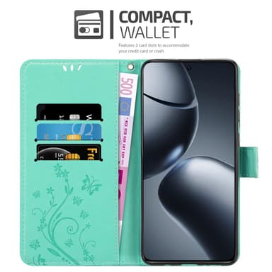 Xiaomi 14T Pro Pungetui Cover Blomster (Turkis)
