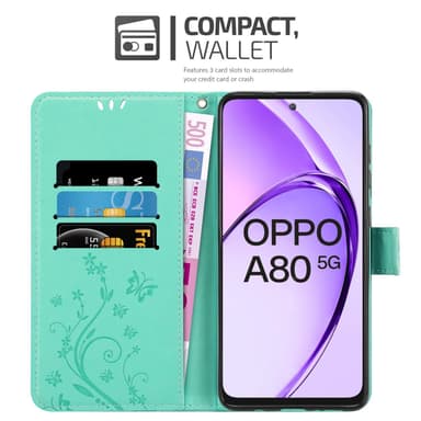 Oppo A80 Pungetui Cover Blomster (Turkis)