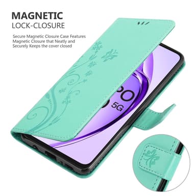 Oppo A80 Pungetui Cover Blomster (Turkis)