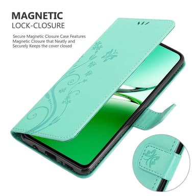 Oppo Reno 12 FS Pungetui Cover Blomster (Turkis)