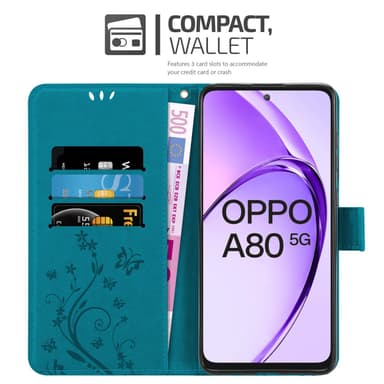 Oppo A80 Pungetui Cover Blomster (Blå)