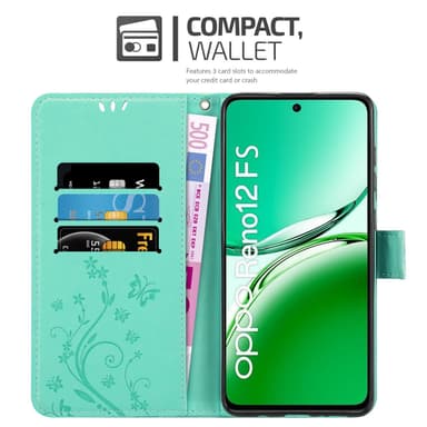 Oppo Reno 12 FS Pungetui Cover Blomster (Turkis)